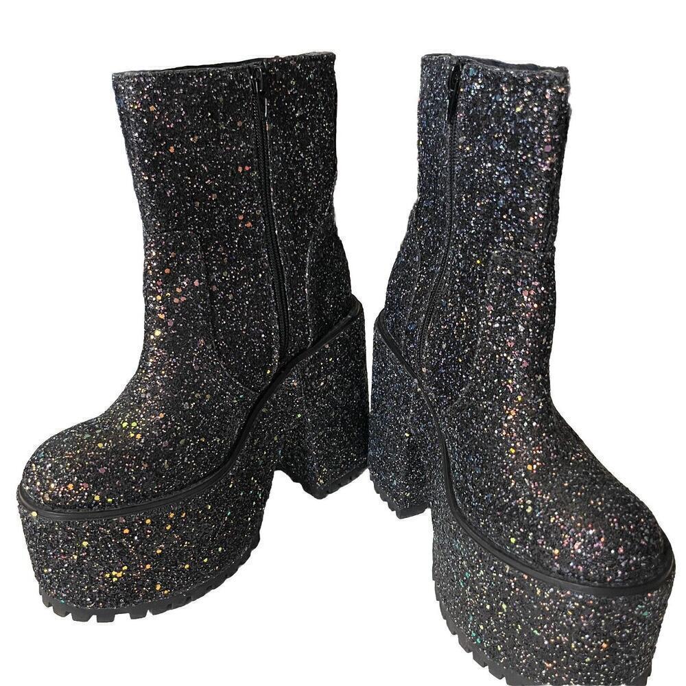 YRU Black Glitter Ankle Boots